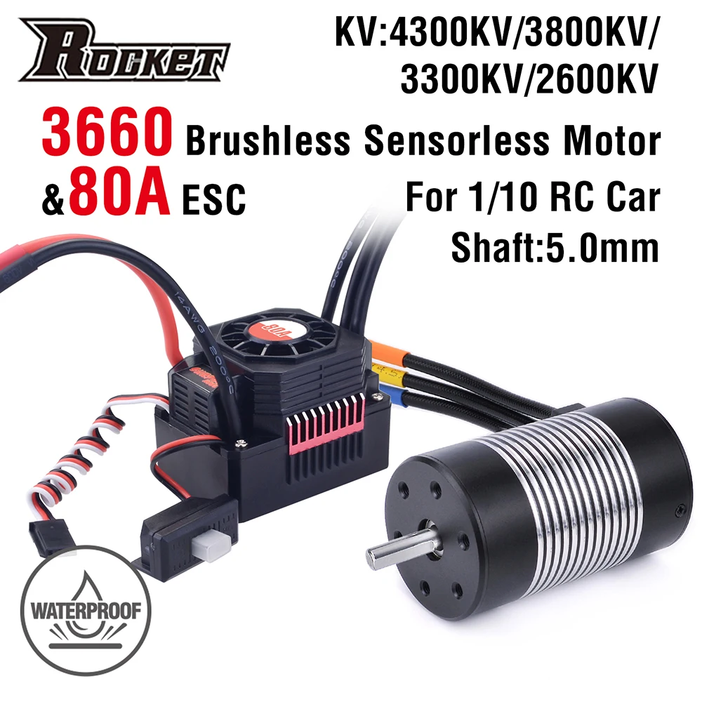 

Rocket 3660 Waterproof Brushless Sensorless Motor 4300KV 3800KV 3300KV 2600KV w/80A ESC for 1/10 Tamiya GTR Traxxas HSP Lexus