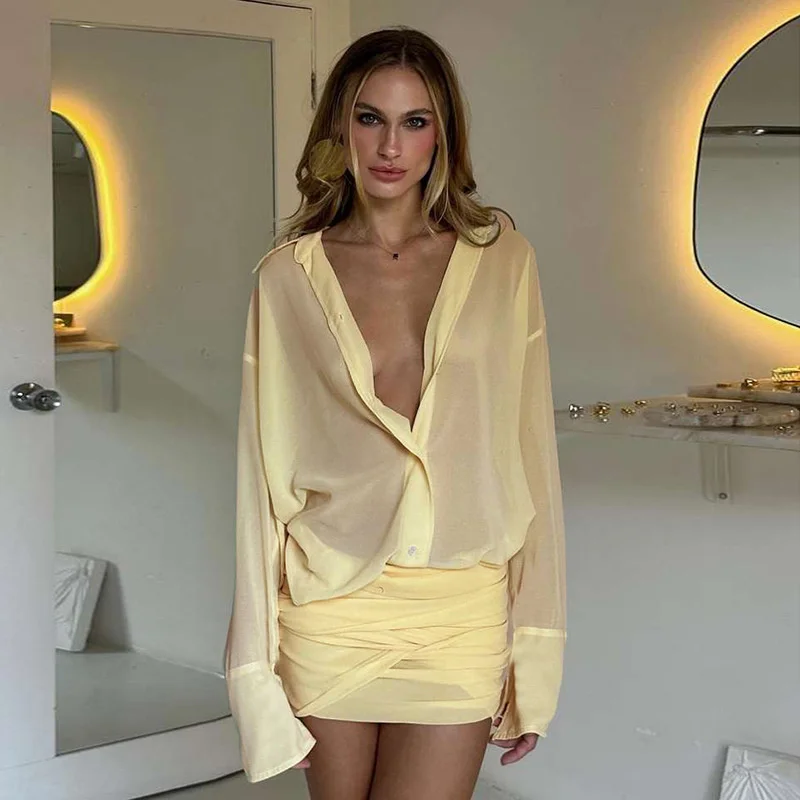 2 Piece Sexy Pretty Women Solid Color Long Sleeve Turn-down Collar Shirt Bag Hip Short Skirt Fashion Party Night Club Outfits