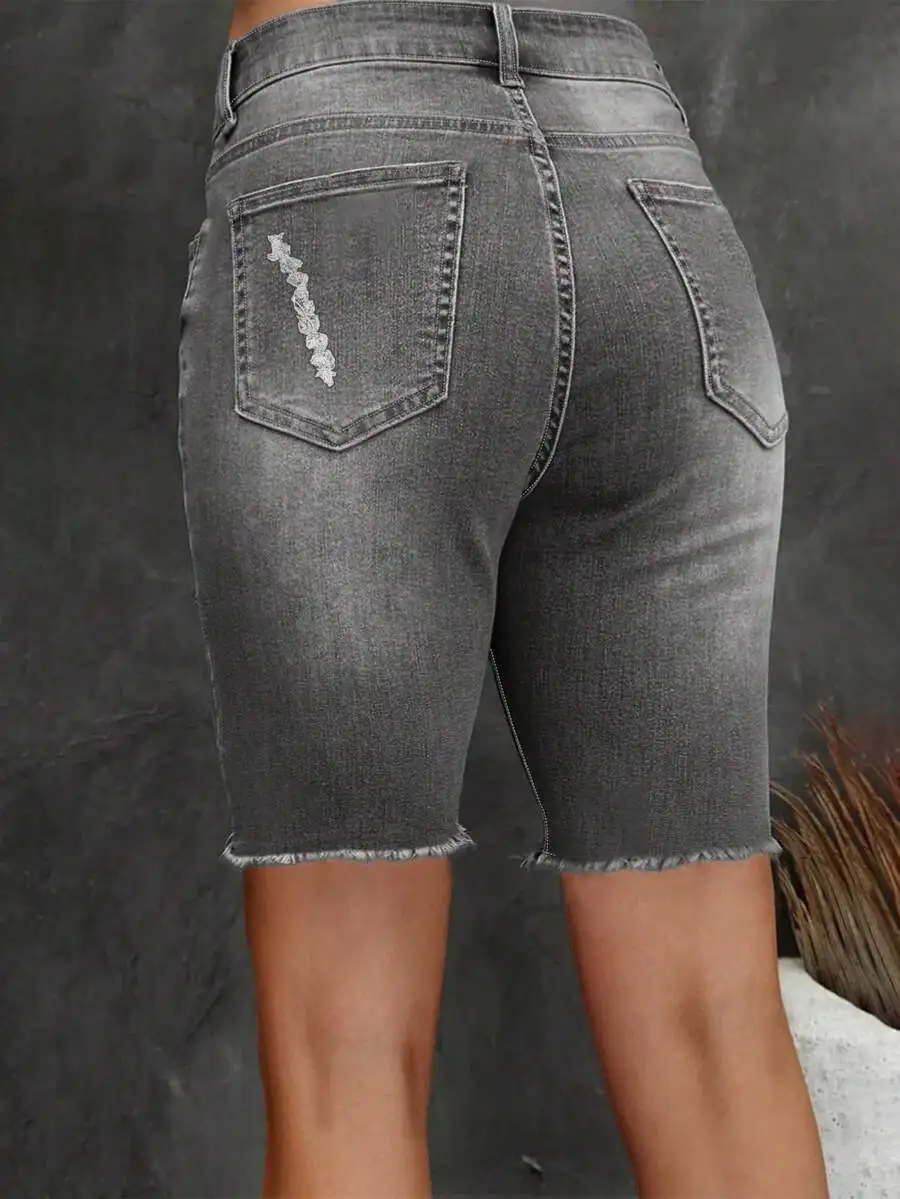 

Womens Gray Denim Straight Cut Shorts With Embroidery Frayed Hem Summer