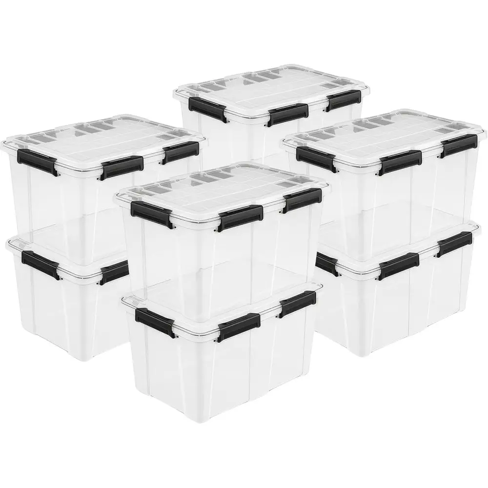 

8 Pack 54 Qt Gasket Box, Clear Stackable Plastic Storage Container with Lids, Black - Waterproo and Dustproo Tote or Home Organi