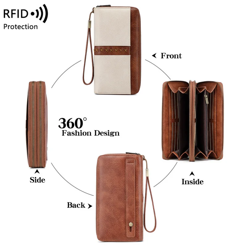 Western RDIF Blocking Double Zipper Contrast Color Long PU Leather Men Wallet Large Capacity Purse for Women