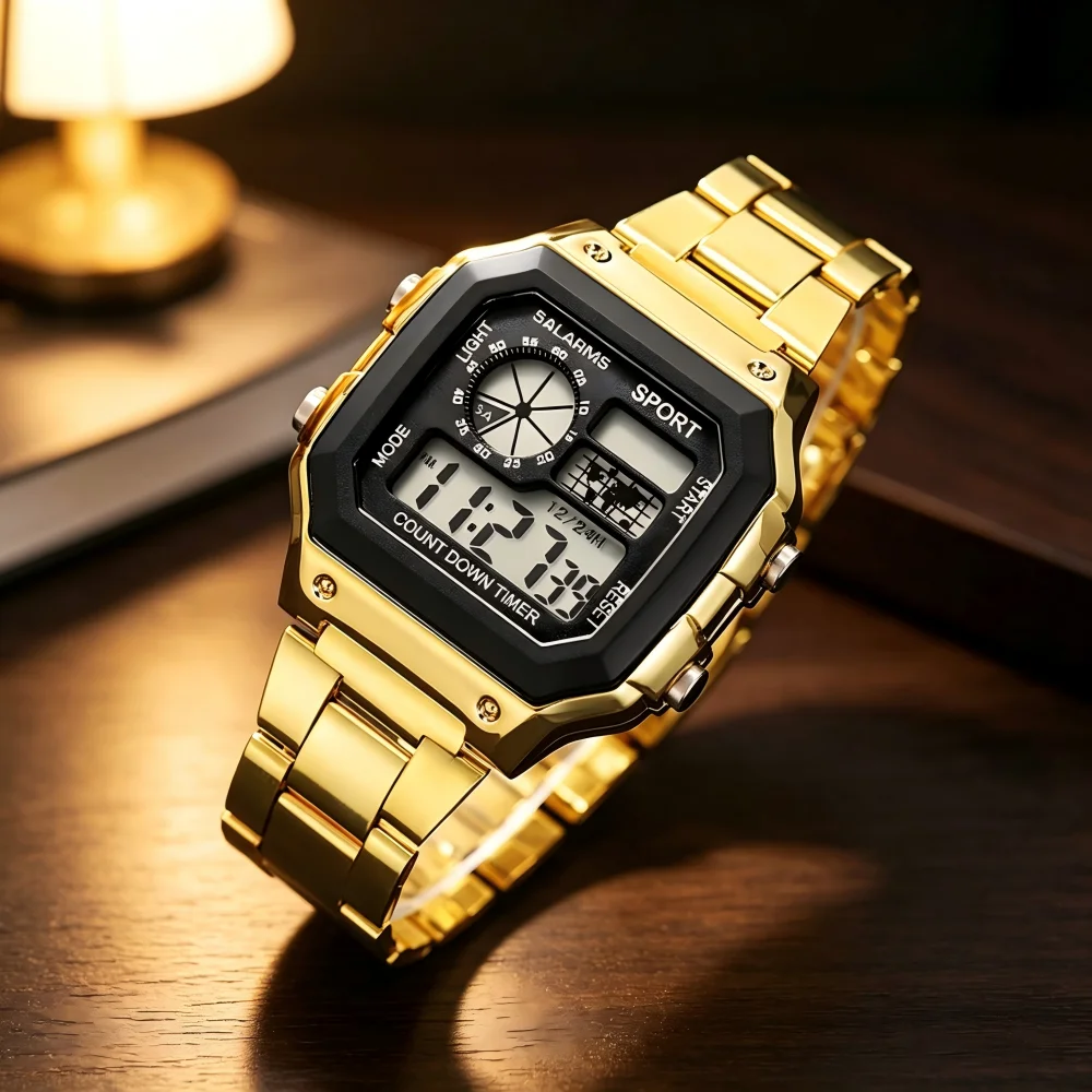 YIKAZE Digital Watch Men's Stainless Steel Strap Countdown Sport Watch Waterproof LED Electronic Wristwatch for Men Gift