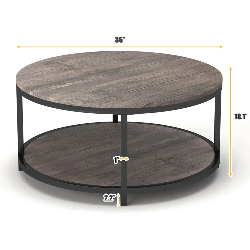 Ronde salontafel, 36 inch salontafel voor woonkamer, 2-laags rustiek houten bureaublad met opbergplank modern design meubelen