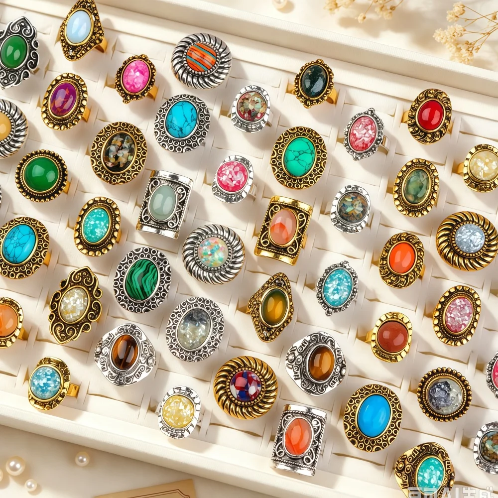 15Pcs/Lot Vintage Boho Natural Stone Rings Set For Men Women Mix Style Wholesale Jewelry Rock Gifts Party Wearing Accessories
