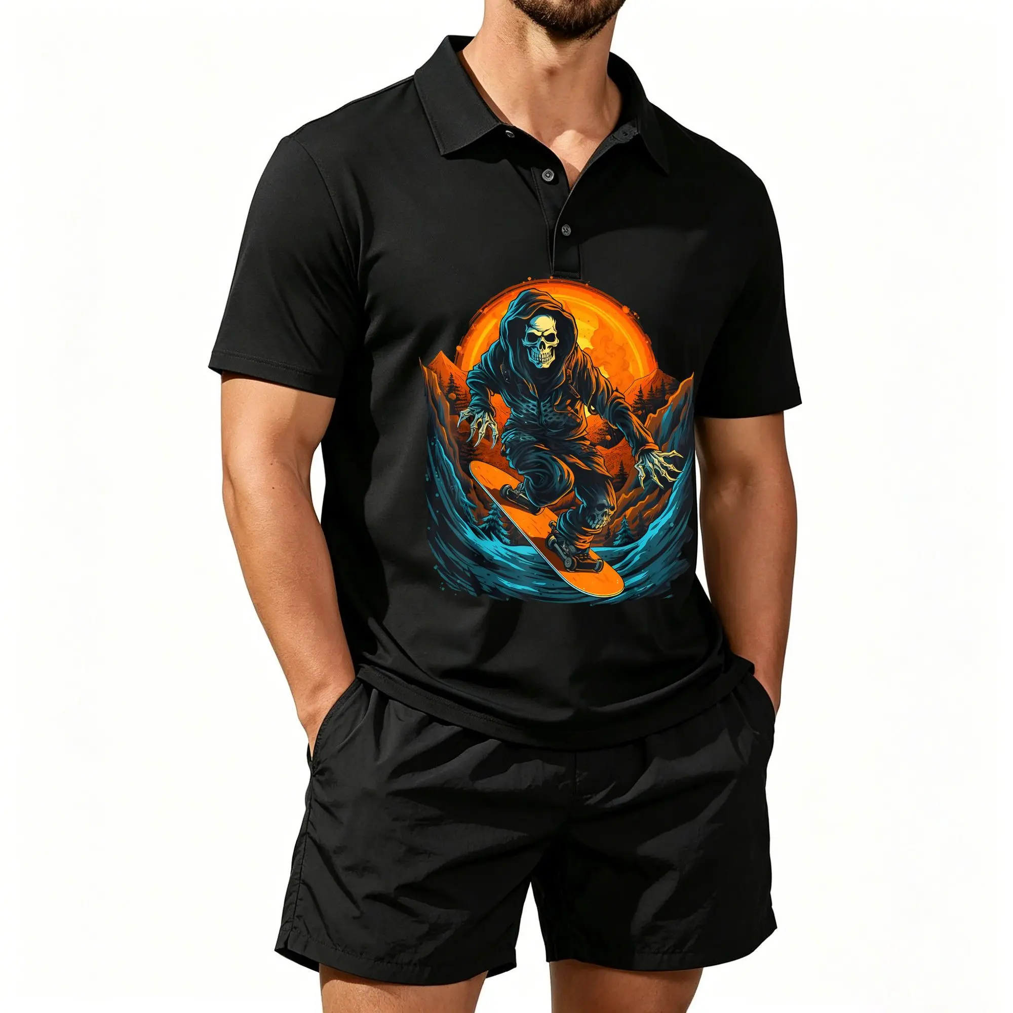 Conjunto de dos piezas de camisa polo y pantalones cortos de playa para hombre, estampado vintage de atardecer en el bosque, calavera y Ceñíndose al viento, estampado de snowboard extremo, informal y versátil, cómodo de llevar, corte bien ajustado