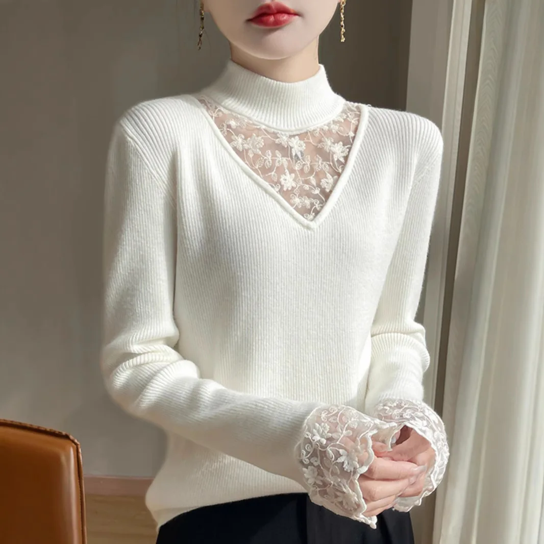 

Осень-зима, элегантные однотонные кружевные вязаные пуловеры с v-образным вырезом, женская одежда, модные тонкие эластичные мягкие шерстяные свитера для поездок на работу