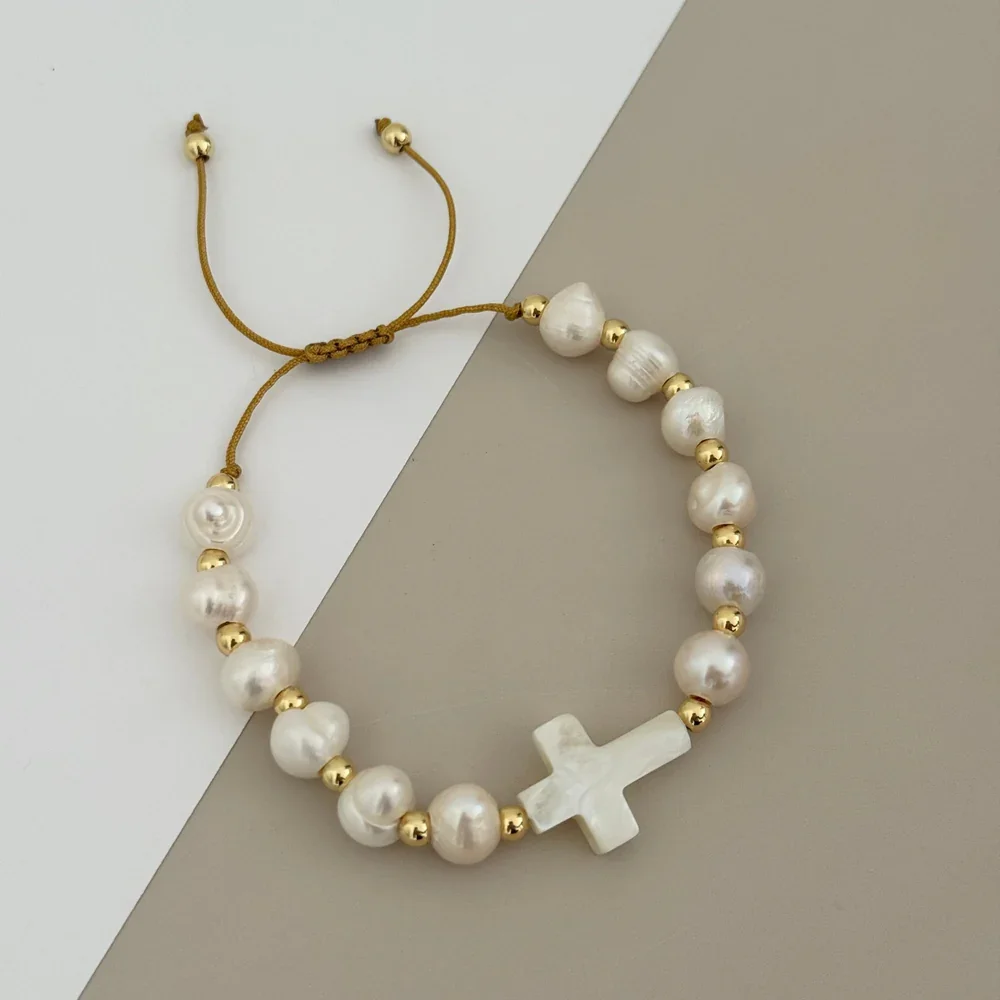 KKBEAD Pulsera cruzada de nácar con perlas naturales de agua dulce Pulseras hechas a mano para mujer Regalo de Navidad para ella
