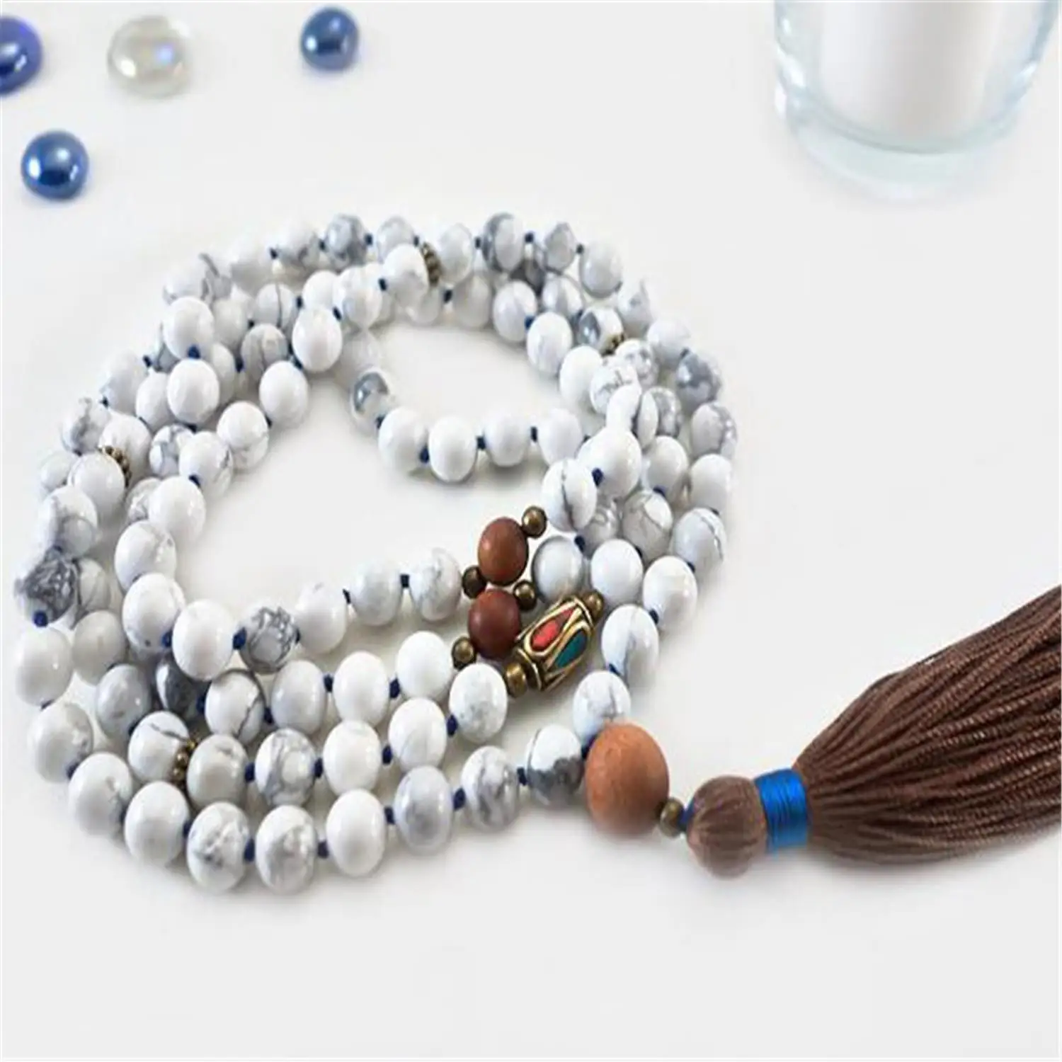 8mm Knot Howlite 108 Beads Handmade Tassel Necklace Sacred wear Tranquility Gemstone Fashion Bridal Mala Yoga