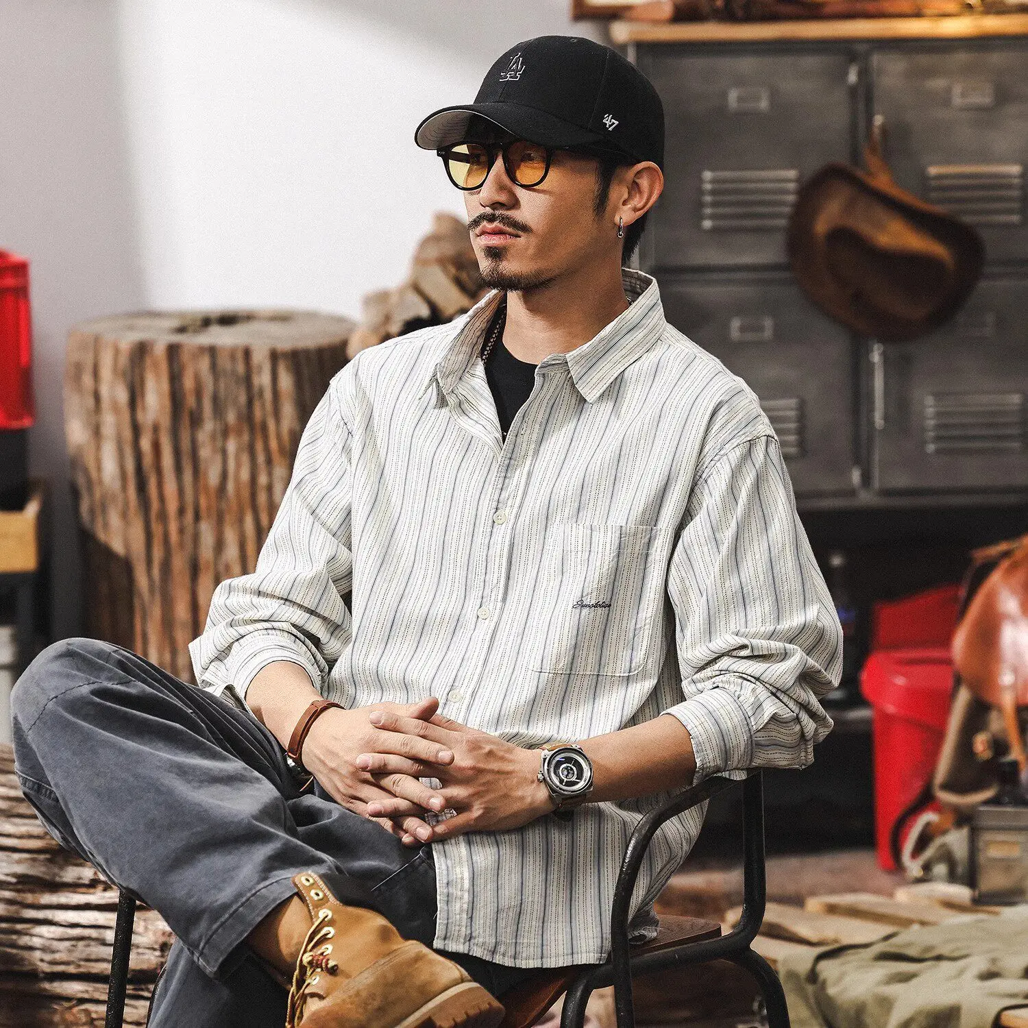 New Spring Autumn Striped Shirt for Men, Japanese Trendy Loose Versatile Cotton Long Sleeve Blouse,Casual Base Layer Top for MAN
