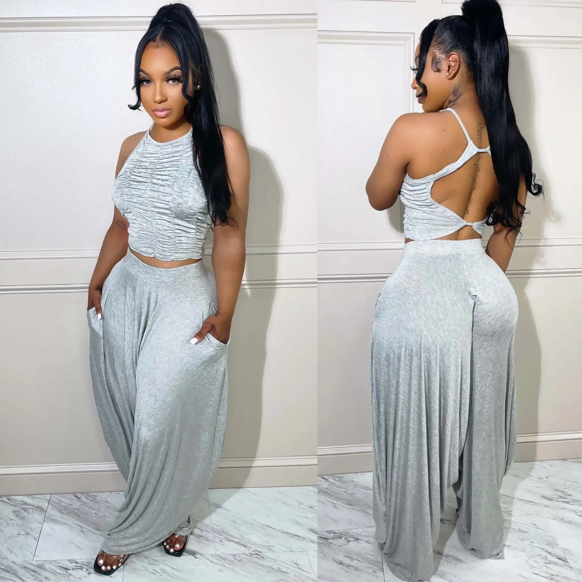 Women Two Piece Set Smocked Backless Tube Top and Baggy Wide Leg Pants Casual Vacation Outfits for Women Summer Causal Clothes