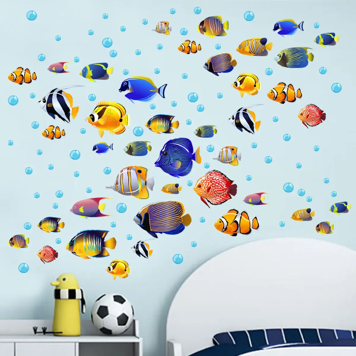 Ocean World Clown Fish Bubbles Wall Stickers Under The Sea School of Fish Wall Decals for Baby Room Bathroom Bedroom Decoration