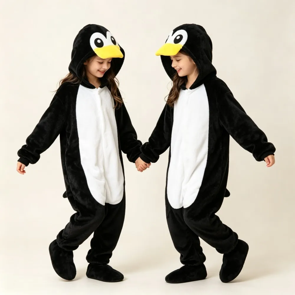 Boys Penguin Cartoon Pajamas Children Flannel Winter Warm Unicorn Kigurumi Pyjamas Sleepwear One Piece Hooded Jumpsuits Oneises