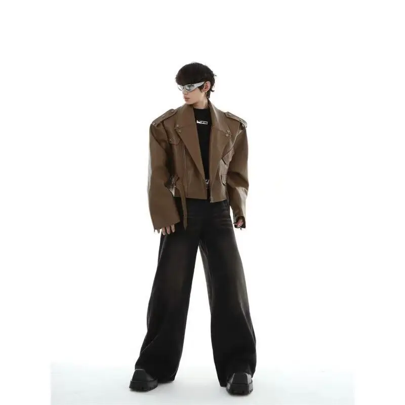 Schwarze Kurze Biker-Lederjacke für Herren - Übergroße Nieten-Utility-Jacke Cleanfit Amerikanischer High-Street-Motorradstil