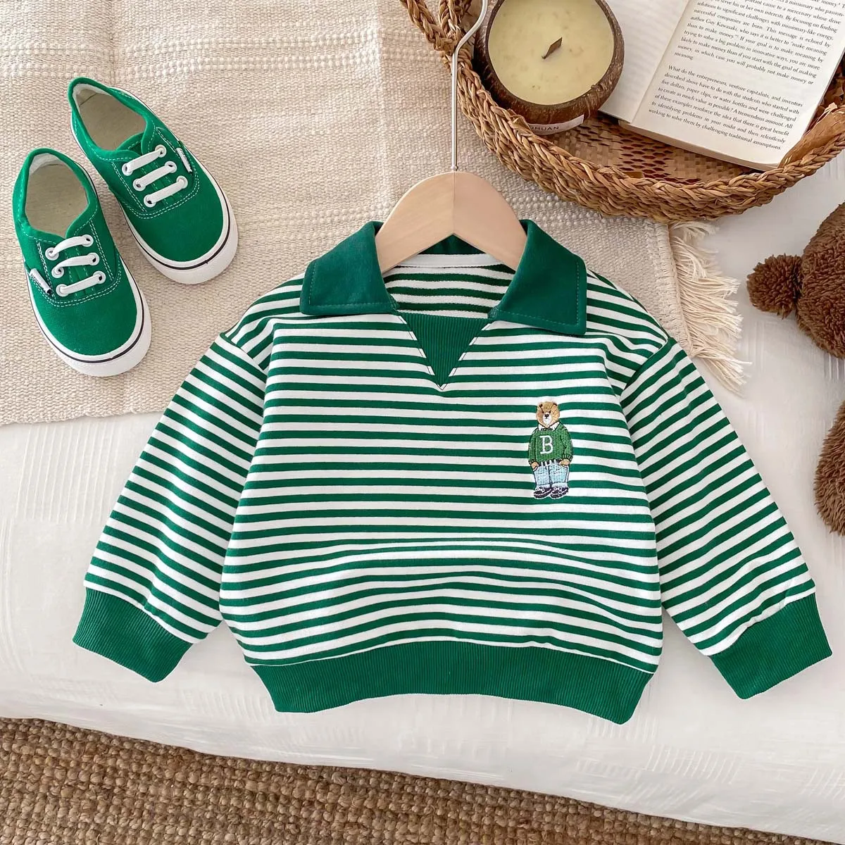 Spring Autumn Children Cool Lapel Striped Sweatshirt Kid Girl Cartoon Embroidery Long Sleeve T-shirt Boy Baby Casual Cotton Tops