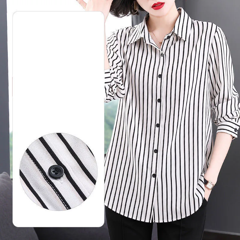 2022 Women\'s Clothing Fashion All-match Striped Button Blouses Spring Turn-down Collar Casual Commute Thin Long Sleeve Shirt