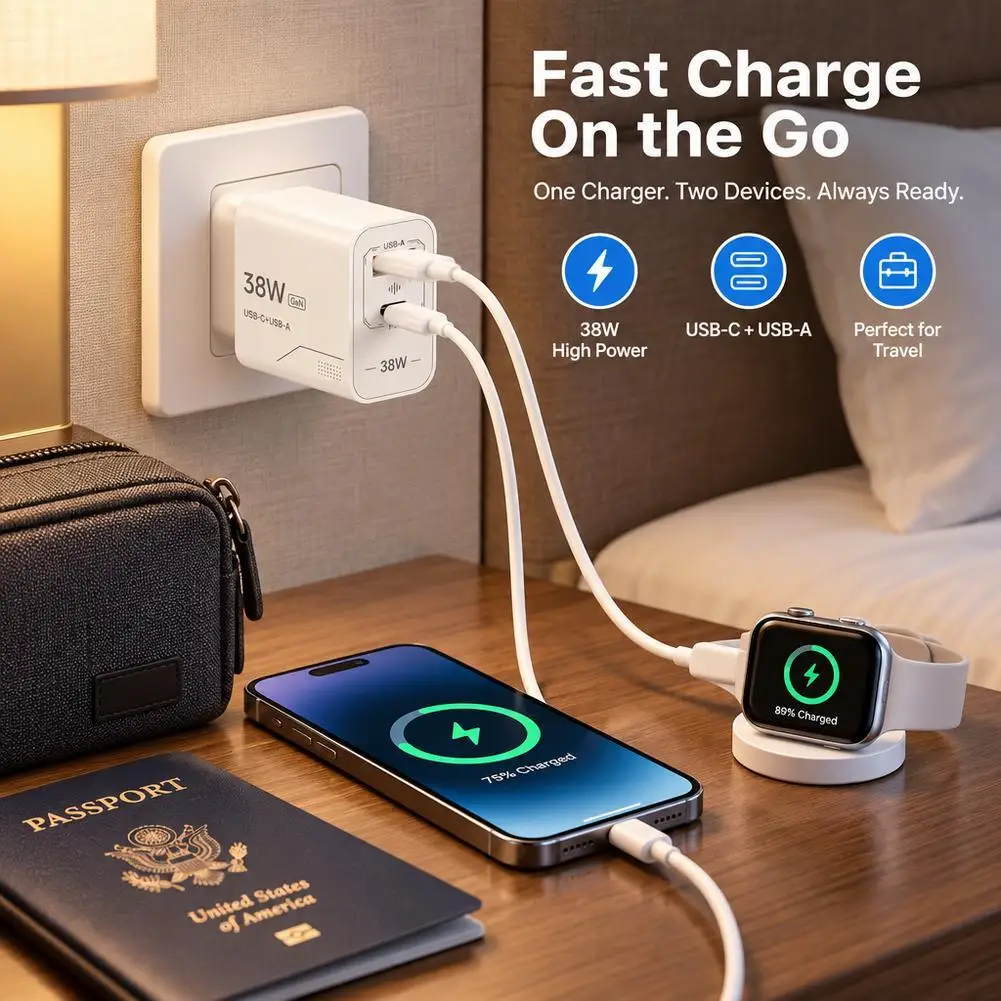 38W Dual-port Multi-port Mobile Phone Charger Adapter EU/US White USB C Charger For Huawei/Xiaomi/Samsung