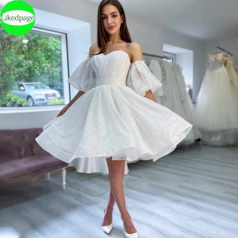 

Sparkly Tulle Pleated Wedding Dresses For Women2024 Sexy Strapless Lace Up Vestidos De Novia Knee-Length Bride Party Puff Sleeve