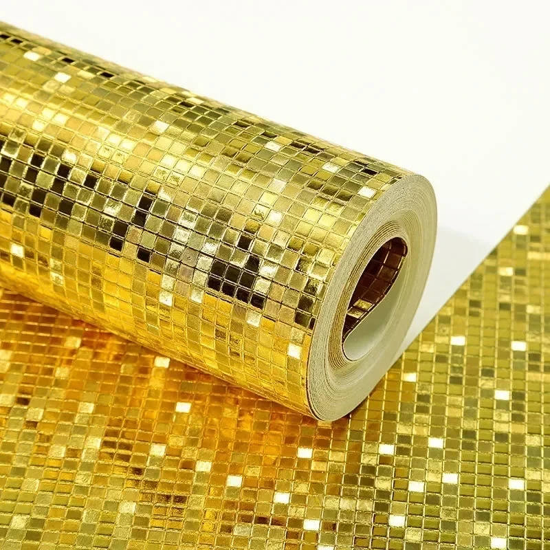 Glitter Mirror Effect Mini Mosaic Metallic Glitter Gold Foil Wall Paper Gold Foil Grid Wallpaper Luxury KTV Background Wall Deco