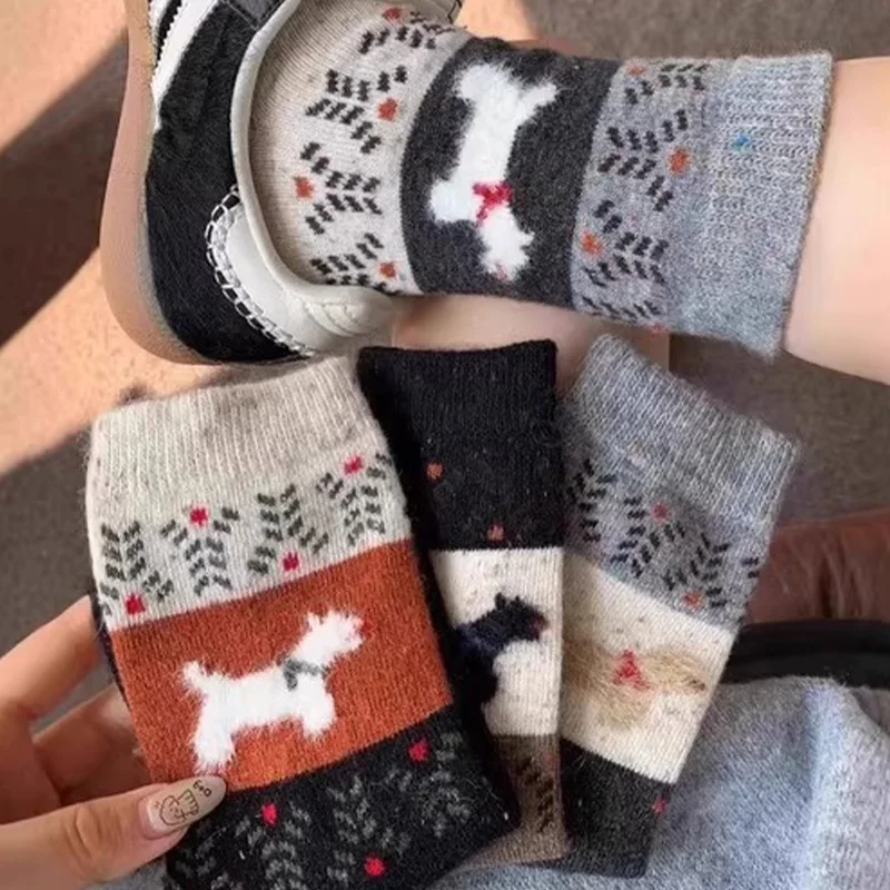 

5pair Cartoon Knitted Thicken Dog Print Long Sock for Women Vintage Winter Warm Wool Cute Socks for Sleeping Comfortable Hosiery