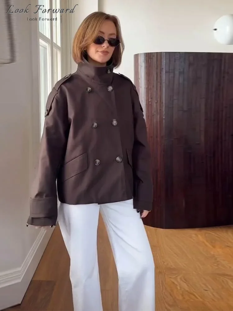 

Женский двубортный плащ цвета хаки с воротником-стойкой, длинными рукавами и карманами, весна 2026, повседневная свободная верхняя одежда