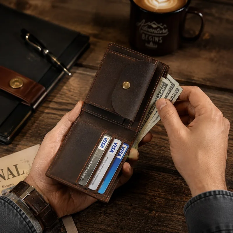 Custom Engraved Men's Crazy Horse Genuine Leather Wallet Personalized Logo Name Vintage Cowhide Bifold Card Holder Purse