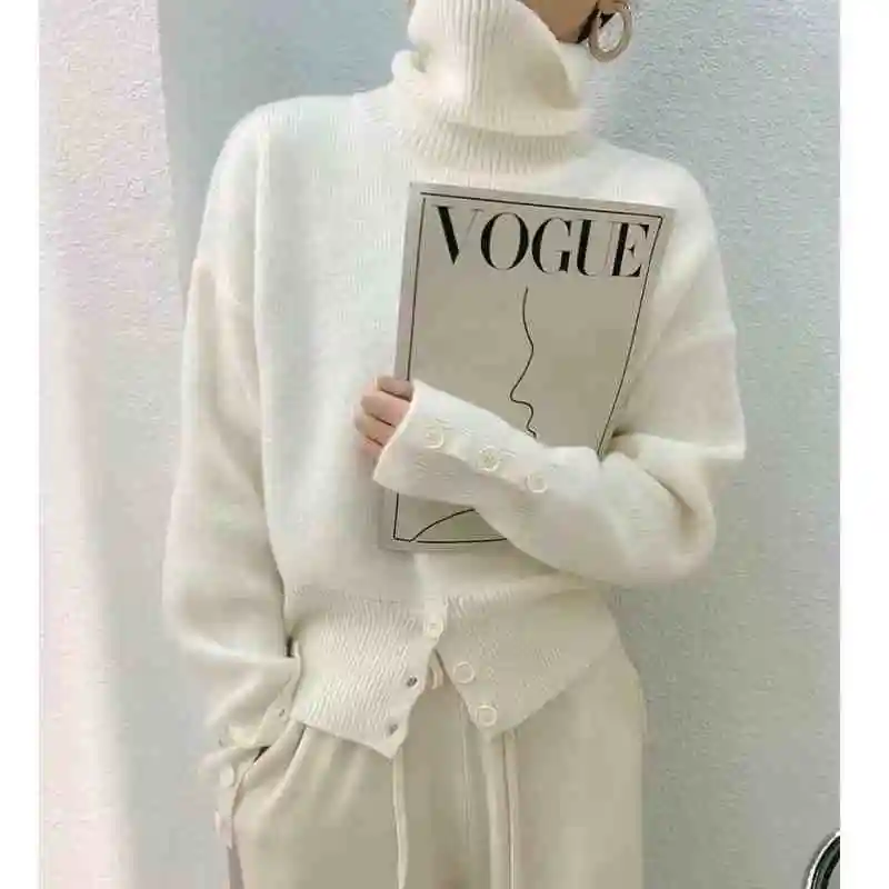 New Elegant Turtleneck Pullover Sweater for Women Autumn Winter Fashion Hem Button Solid Sweater Casual Long Sleeve Knitwear