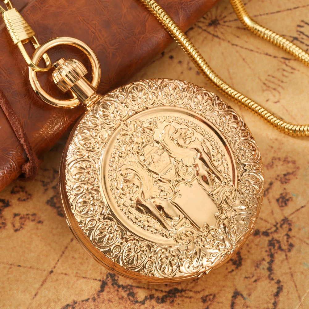 Multi-style Golden Copper Mechanical Pocket Watch Automatic Movement Arabic Numerals Dial Double Hunter Fob Chain Pendant Clock