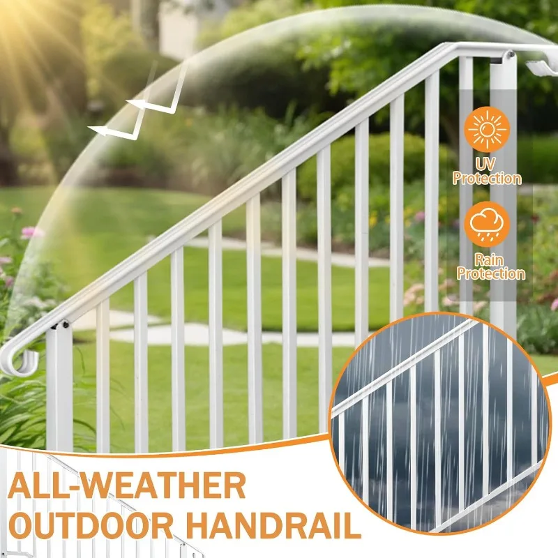 Outdoor step handrails, forged iron handrails suitable for 4 or 5 steps, transition handrails with installation kits (white)