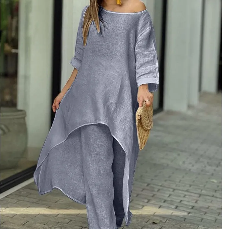 2 Piece Women Set African Clothes Women Outfits Cotton Linen Suit Long-Sleeved Top Pants Oversize Trousers Casual Party Set 2024