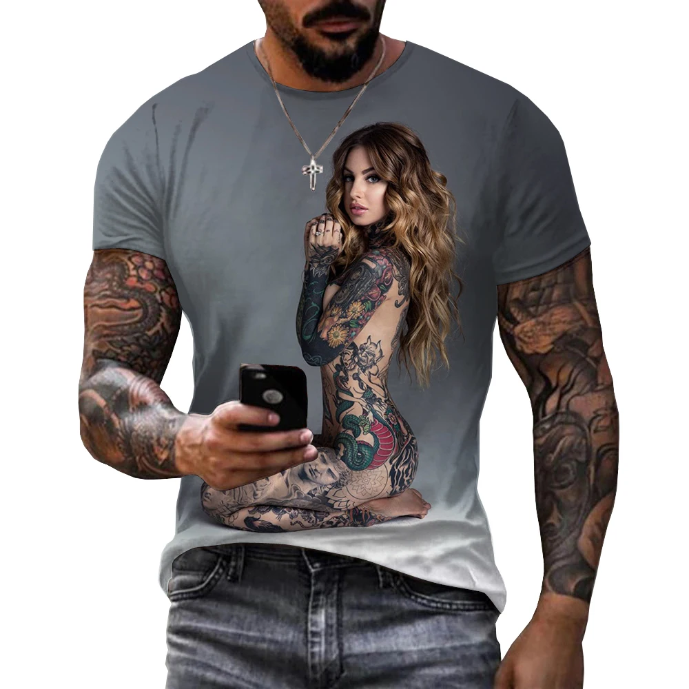 

Summer New Men'S 3d Printed T-Shirt Sexy Tattoo Model Pattern Print Trend Loose O Neck Short Sleeve Breathable Plus Size Top