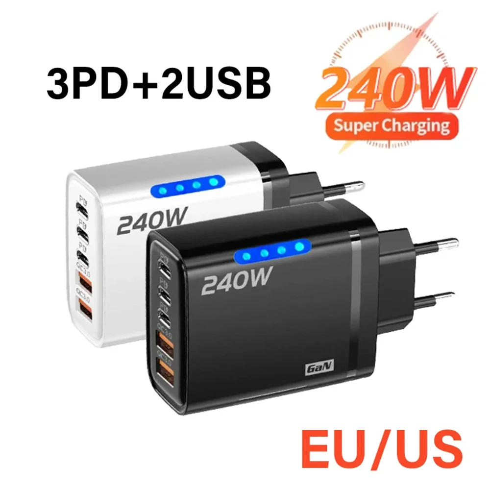240W Multi-port USB Fast Charger 5 in 1 GaN Desktop Phone Charger USB C Charger Quick Charge Adapter For iPhone Samsung Huawei