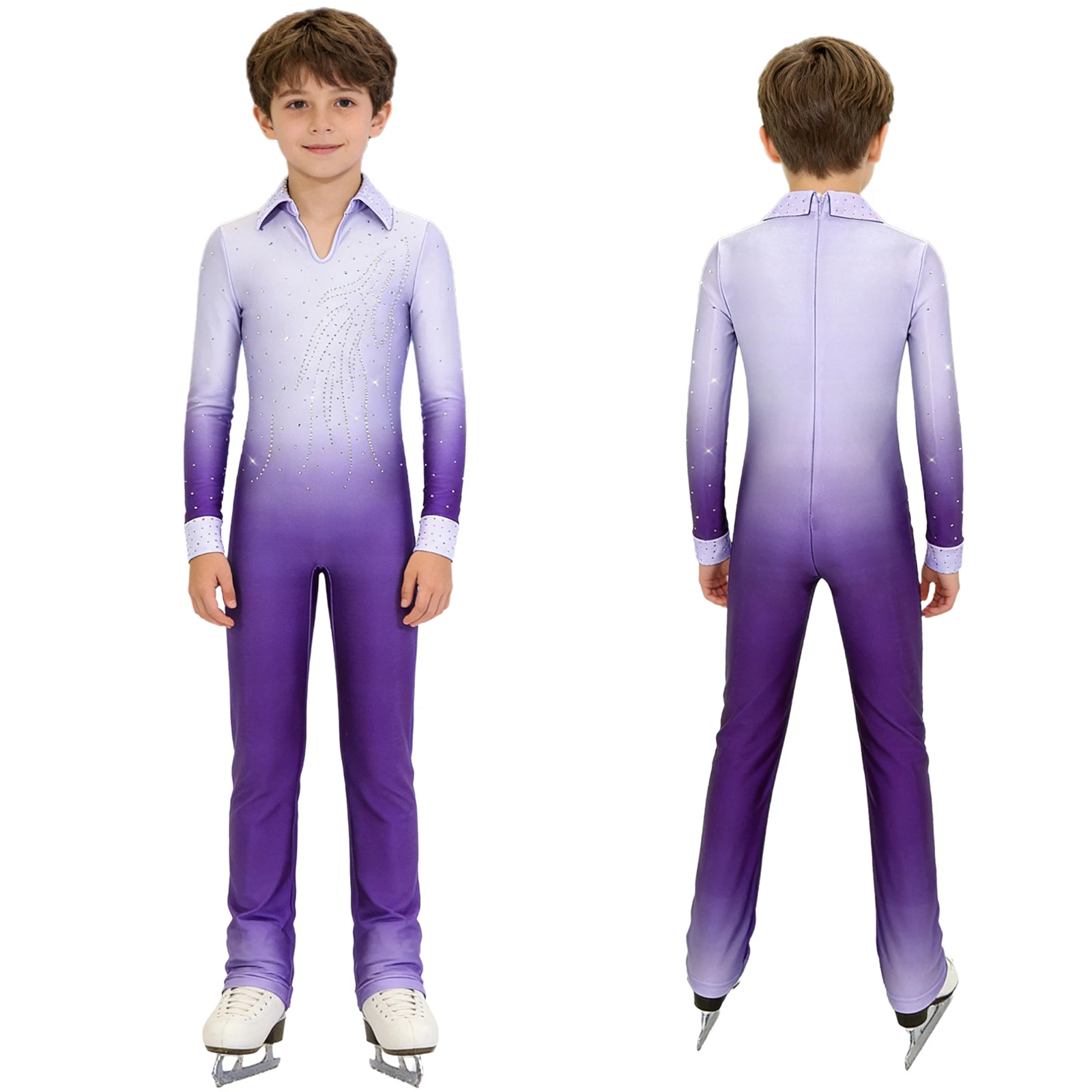 Kids Boys Figure Skating Gymnastics Costume Rhinestones Long Sleeve Ballet Dance Leotard Jumpsuit Latin Jazz Modern Dancewear