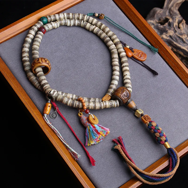 Necklace Bracelet Old Yak Bone 108 Buddhist Beads Six-Character Mantra Running Circle Bo
