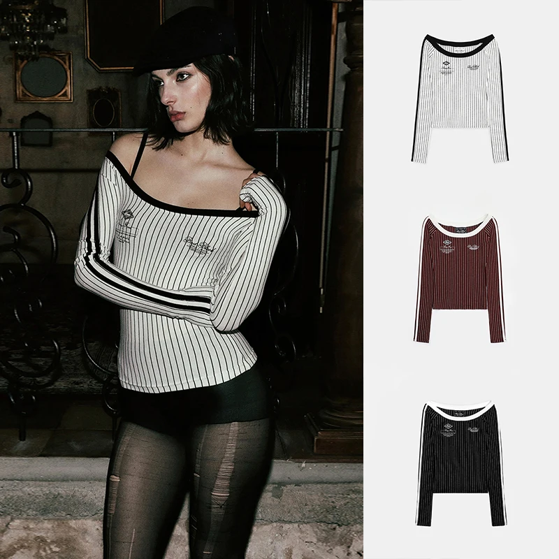 Slim Fit Embroidered Shoulder Bared T-Shirt Women's Style Casual Fashion Spring Summer Season Long Sleeve Sweat Absorbing