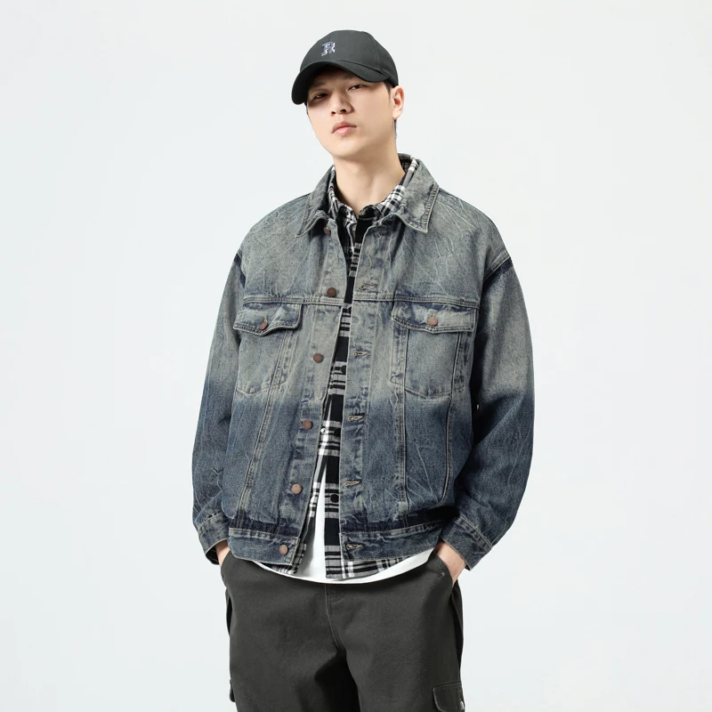 Autumn Jacket Men Retro Fashion Streetwear Loose Casual Plus Size Gradient Denim Motorcycle Jacket Cityboy Spring Coat Clothing