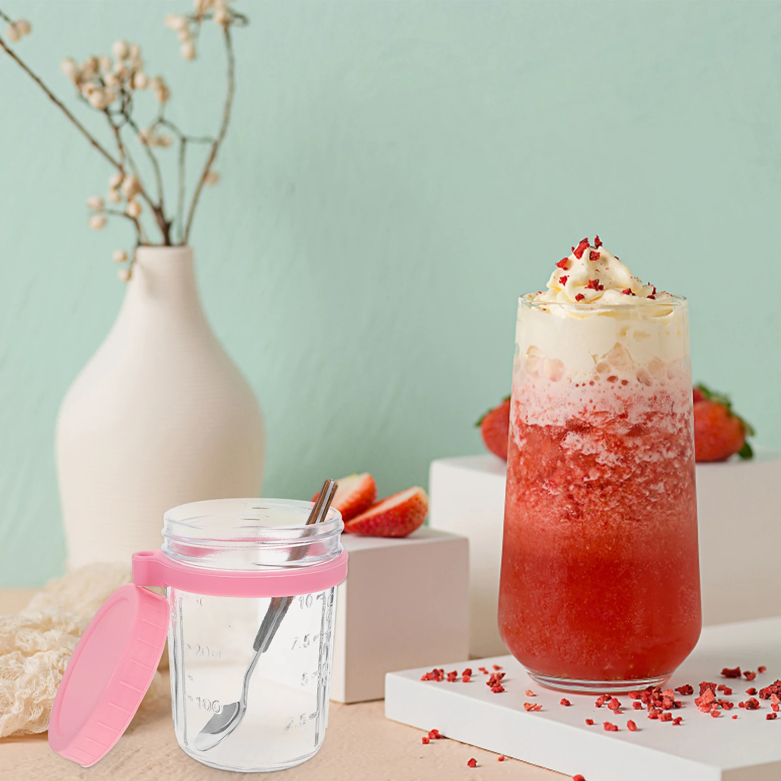 

Glass Cup with Lid and Spoon for Overnight Oatmeal Cereals Kitchen Accessory No Burrs Easy to Hold Glass Sealed Cup