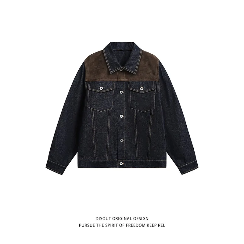 Men Denim Jacket Spliced Suede Lapel Button‑Up Coat Loose Vintage Contrast Color Long Sleeve Casual Streetwear Male Outerwear