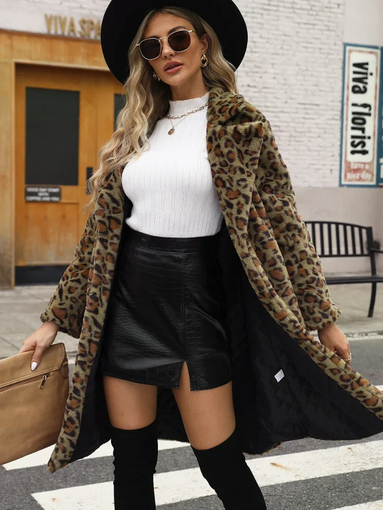 Winter Women\'s Warm Faux Fur Long Coat Leopard Leisure Women Shaggy Fur Long Jackets Thick Fluffy Luxury Bontjas Outerwear 2023