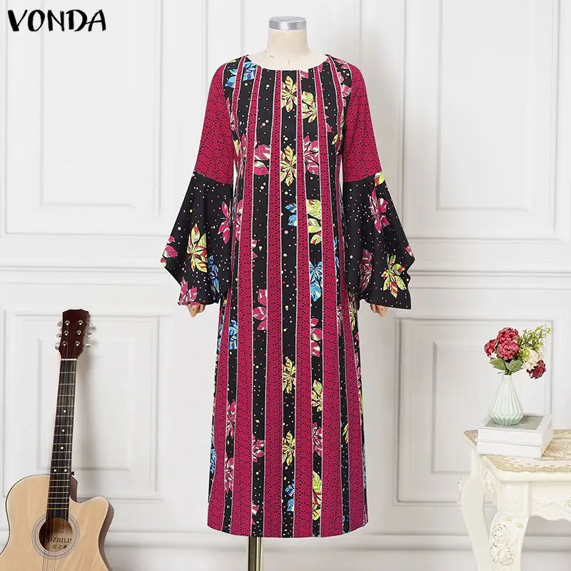 

Платье VONDA больших размеров 5XL, в богемном стиле, длинное, весна 2026, с длинными расклешенными рукавами, винтажный принт, макси-платье, повседневное, свободное, для вечеринок