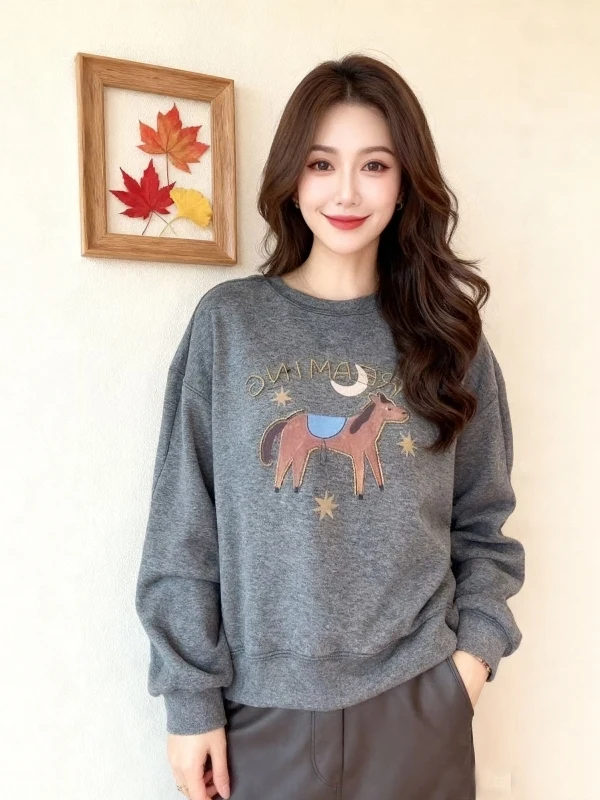 

Свободный свитшот с круглым вырезом и принтом, женский, весенняя новинка, большие размеры, скрывающий живот, повседневный топ для похудения