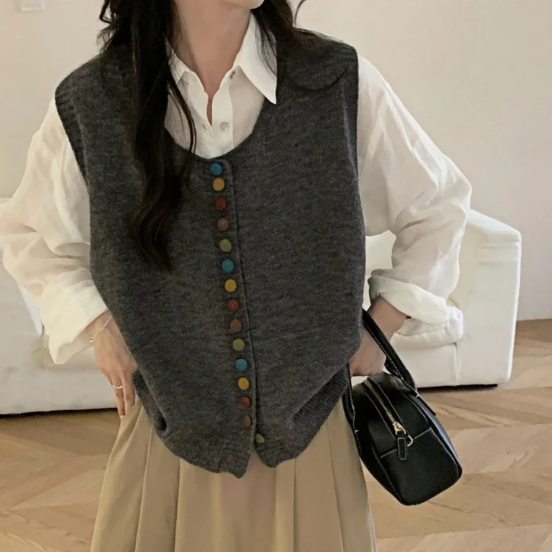 Korean Chic Colorful Buttons Knit Vests Women O-neck Sleeveless Loose Casual Gilet 2024 Autumn New All-match Jumpers Coat