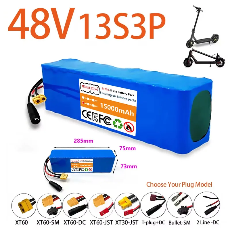 21700 Lithium-ion Battery Pack 48V 15Ah 13S3P Lithium Battery Power 500~1000W Suitable for Scooters and Power-assisted Bicycles