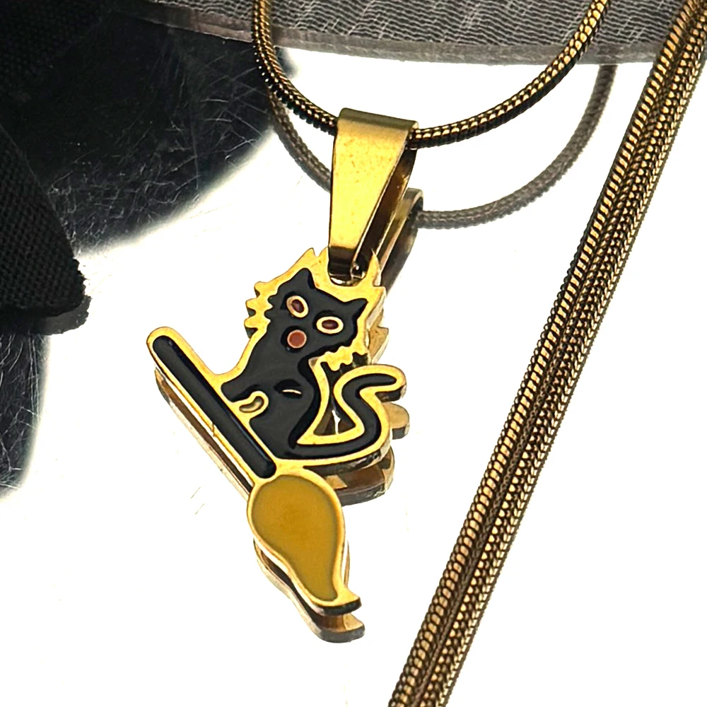 

Halloween Enamel Witch Black Cat Broomstick Pendant Necklace Women Men Stainless Steel Gold Color Cartoon Chain Jewelry Gift