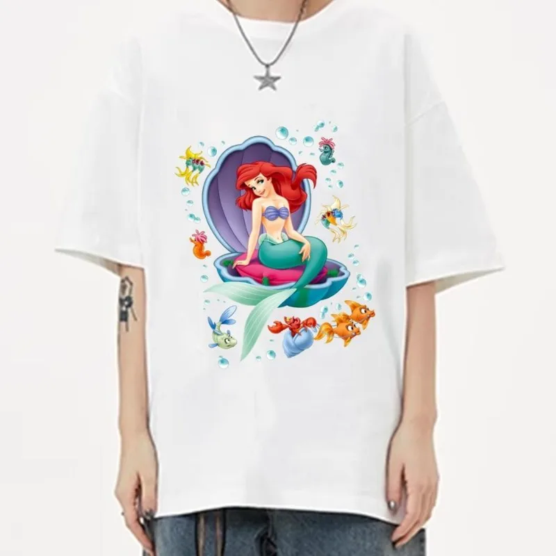 MINISO Disney Little Mermaid Ariel T Shirt Women Couple Clothes Short Sleeve Collar Fashion Man Cotton Summer Sporty