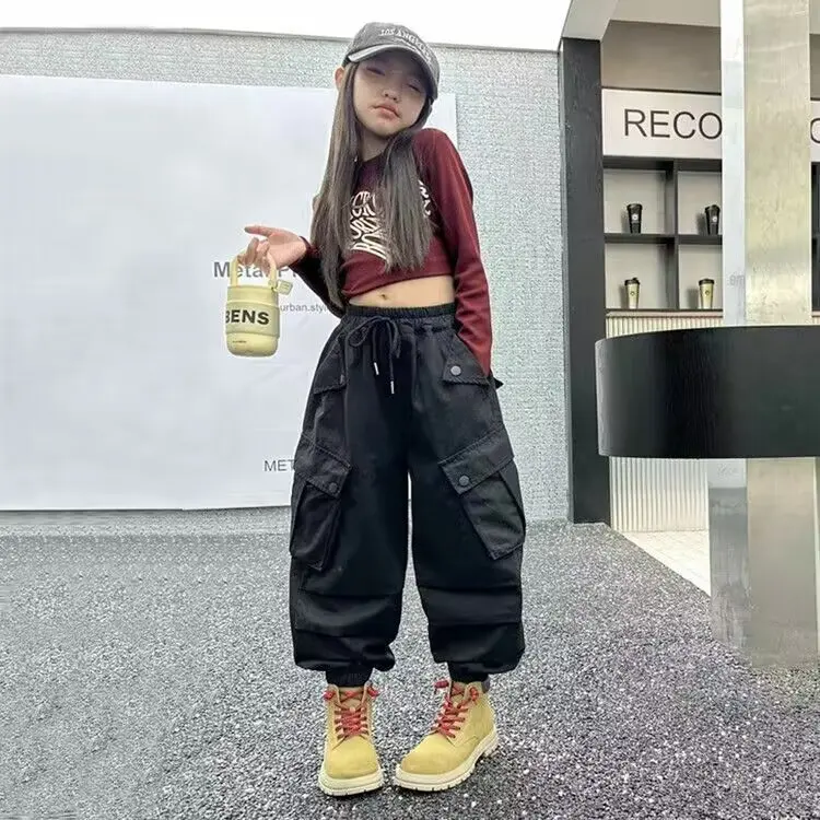 Girls' High Waist Straight Trousers Kids Fashion Hip Hop Joggers Cargo Pants Drawstring Sweatpants for Children Spring Autumn