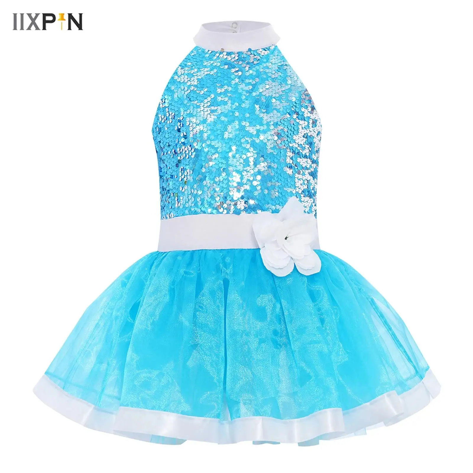 

Kids Girls Shiny Sequins Layered Tulle Ballet Dance Dresses Sleeveless Cutout Back Tutu Dress with Built-in Briefs Performance