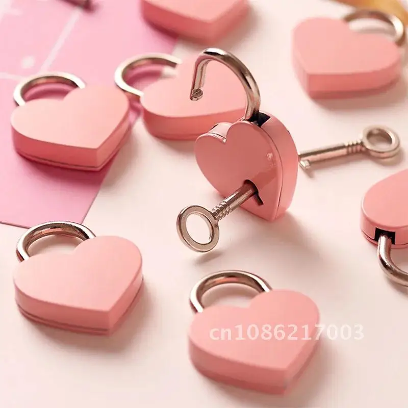 

Vintage Antique Style Mini Heart Shape Pink Padlock With Key Lock For Travel Wedding Jewelry Box Diary Book Suitcase