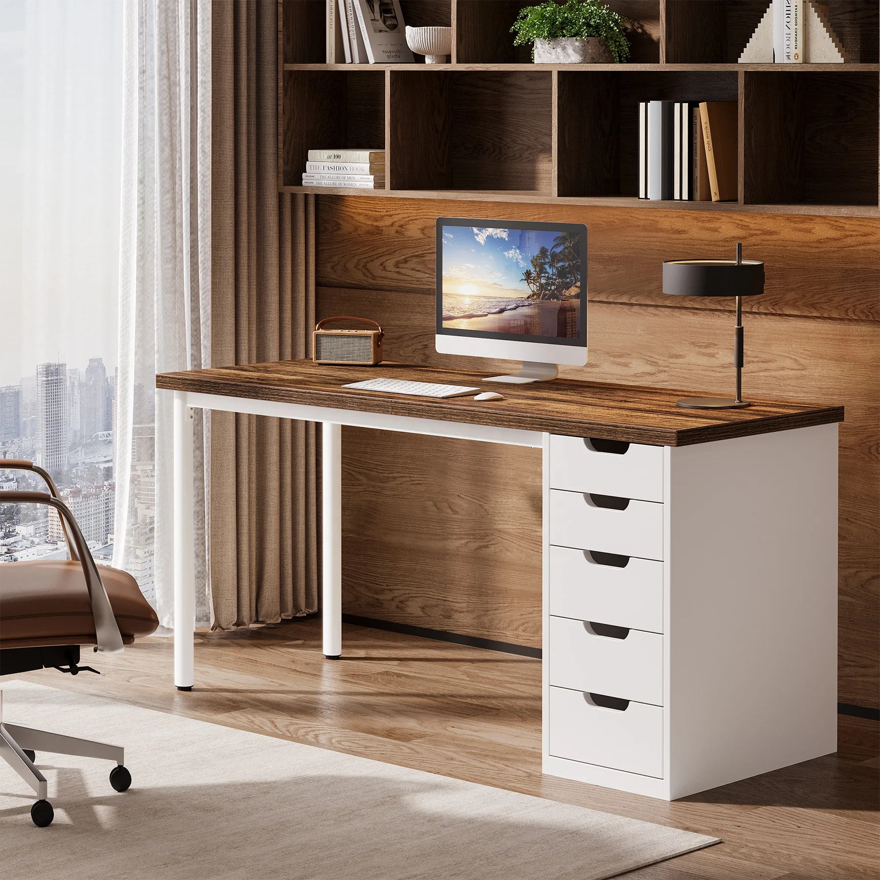 Local Modern Simple Computer Desk, 47 Inches PC Desk With 5 Reversible Drawers, Rustic Brown Study Writing Table