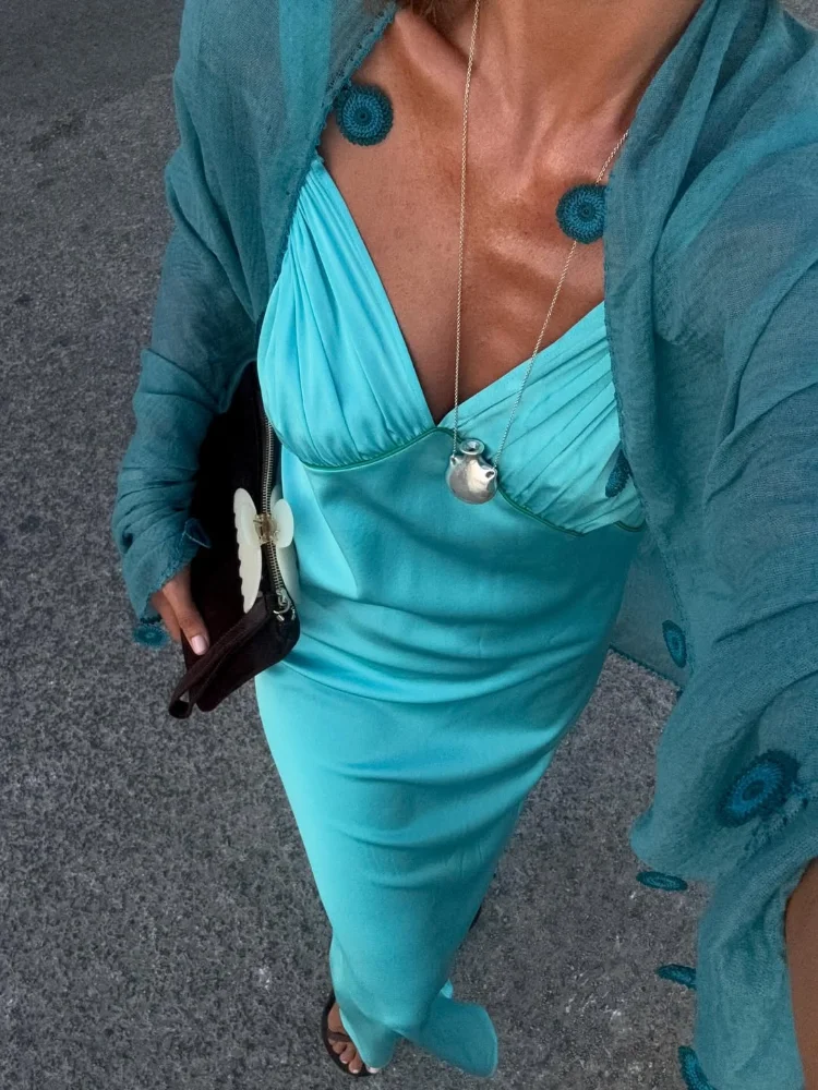 Damska sukienka maxi na ramiączkach, elegancka, bez pleców, z dekoltem w serek, bez rękawów, satynowa, z wysokim stanem, sukienki na lato 2025, sukienki na przyjęcia dla kobiet.