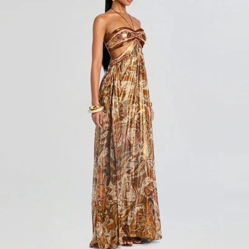 Vestido de playa bohe elegante con espalda descubierta y cordones, vestido de fiesta con estampado de patrón Vintage, vestido largo plisado sin mangas con cuello Halter sexi para mujer